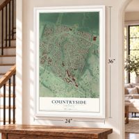 Countryside, Virginia map, 24 x 36 inch print in a white frame by a staircase
