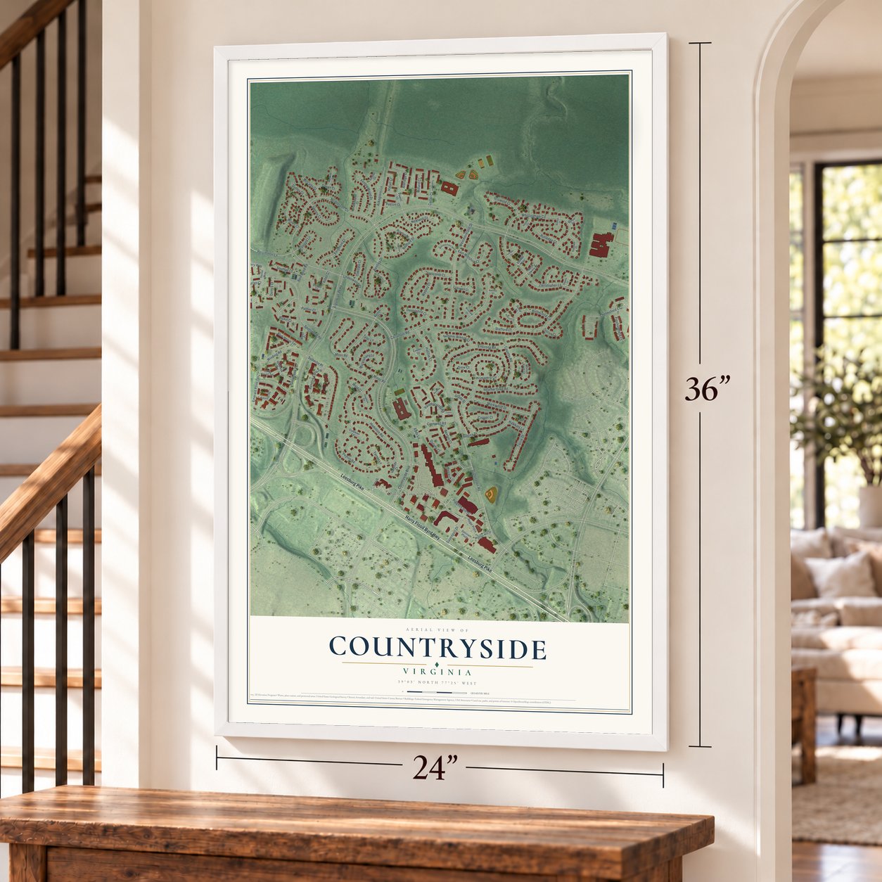 Countryside, Virginia map, 24 x 36 inch print in a white frame by a staircase