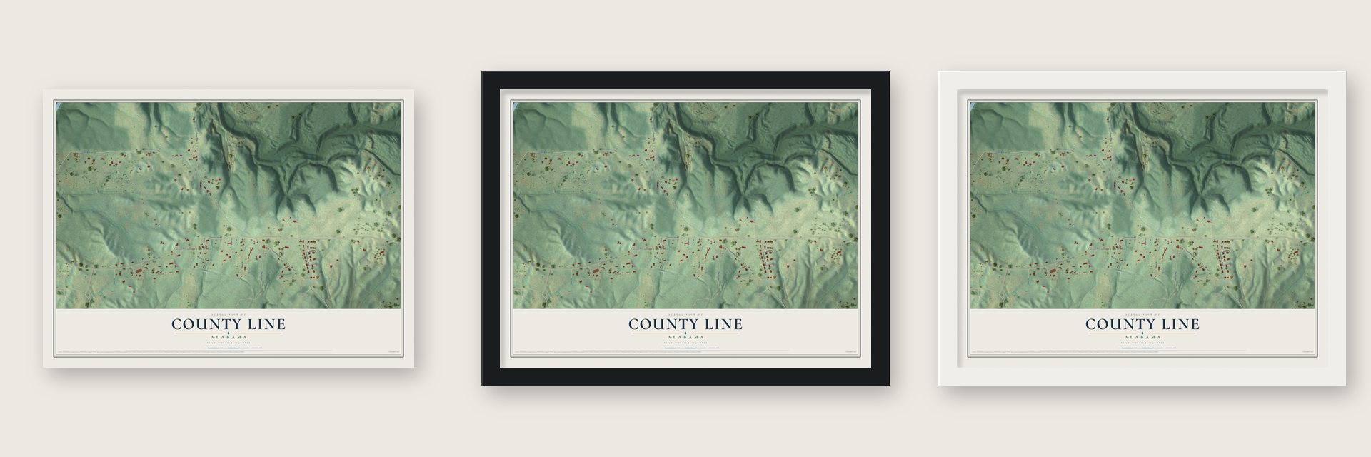 County Line, Alabama map unframed, in a black wood frame and in a white wood frame
