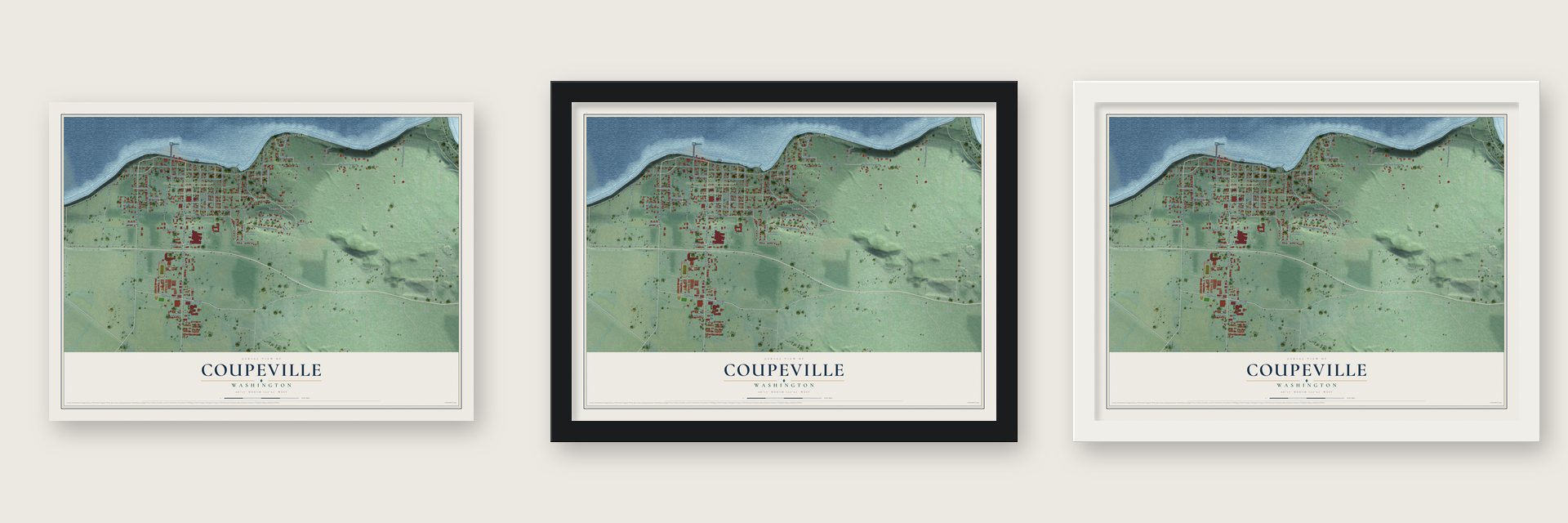 Coupeville, Washington map unframed, in a black wood frame and in a white wood frame