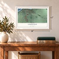 Coupeville, Washington map, 12 x 18 inch print in a white frame in an entryway
