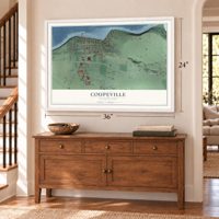 Coupeville, Washington map, 24 x 36 inch print in a white frame above a dresser by a staircase