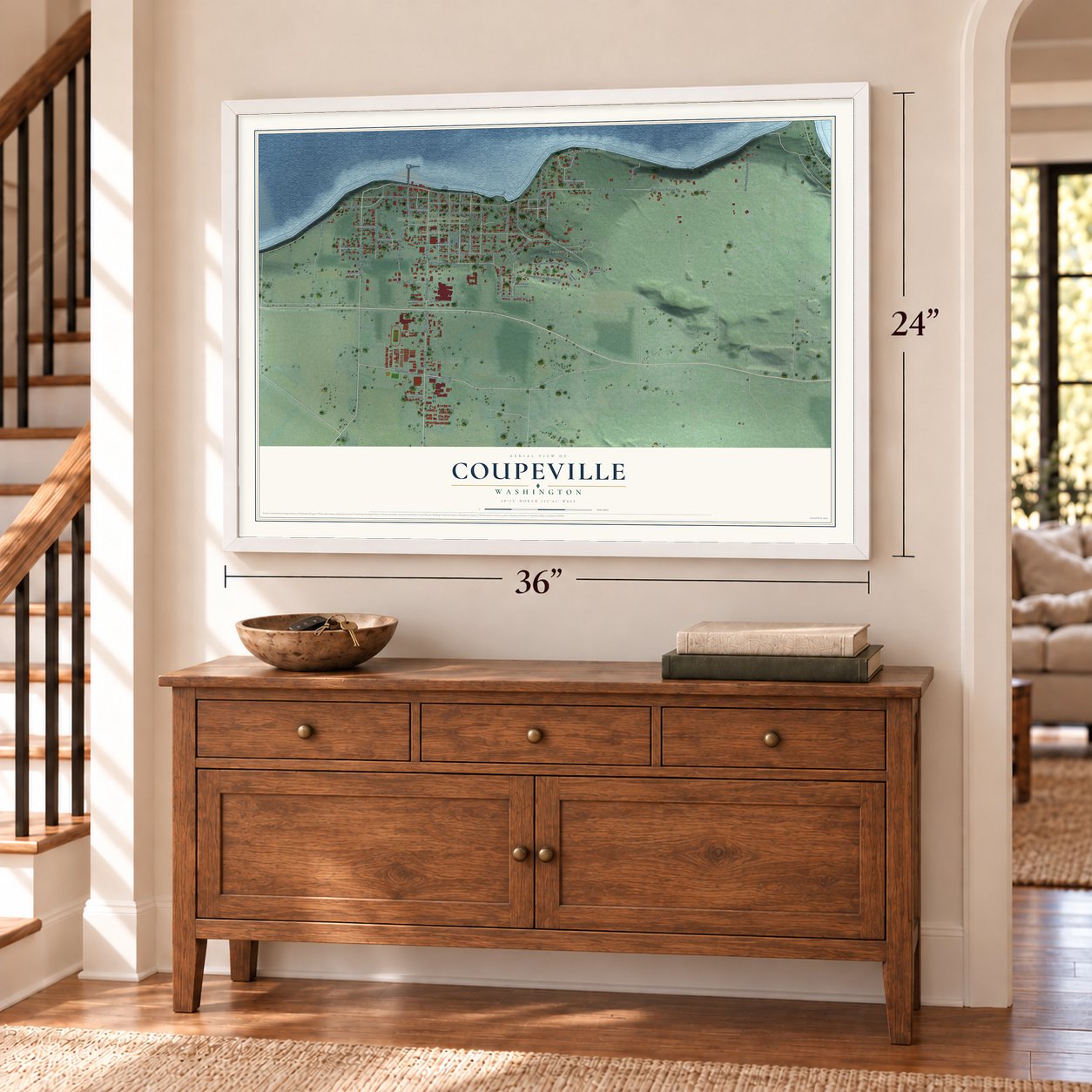 Coupeville, Washington map, 24 x 36 inch print in a white frame above a dresser by a staircase
