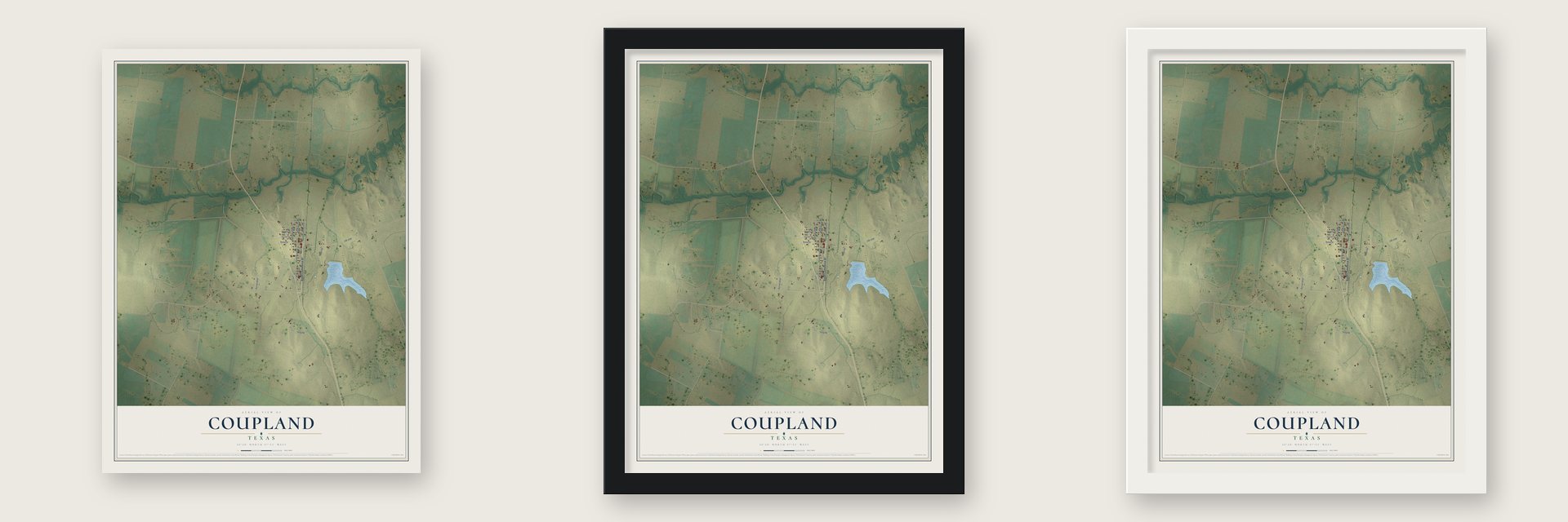Coupland, Texas map unframed, in a black wood frame and in a white wood frame