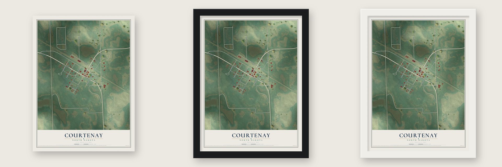Courtenay, North Dakota map unframed, in a black wood frame and in a white wood frame