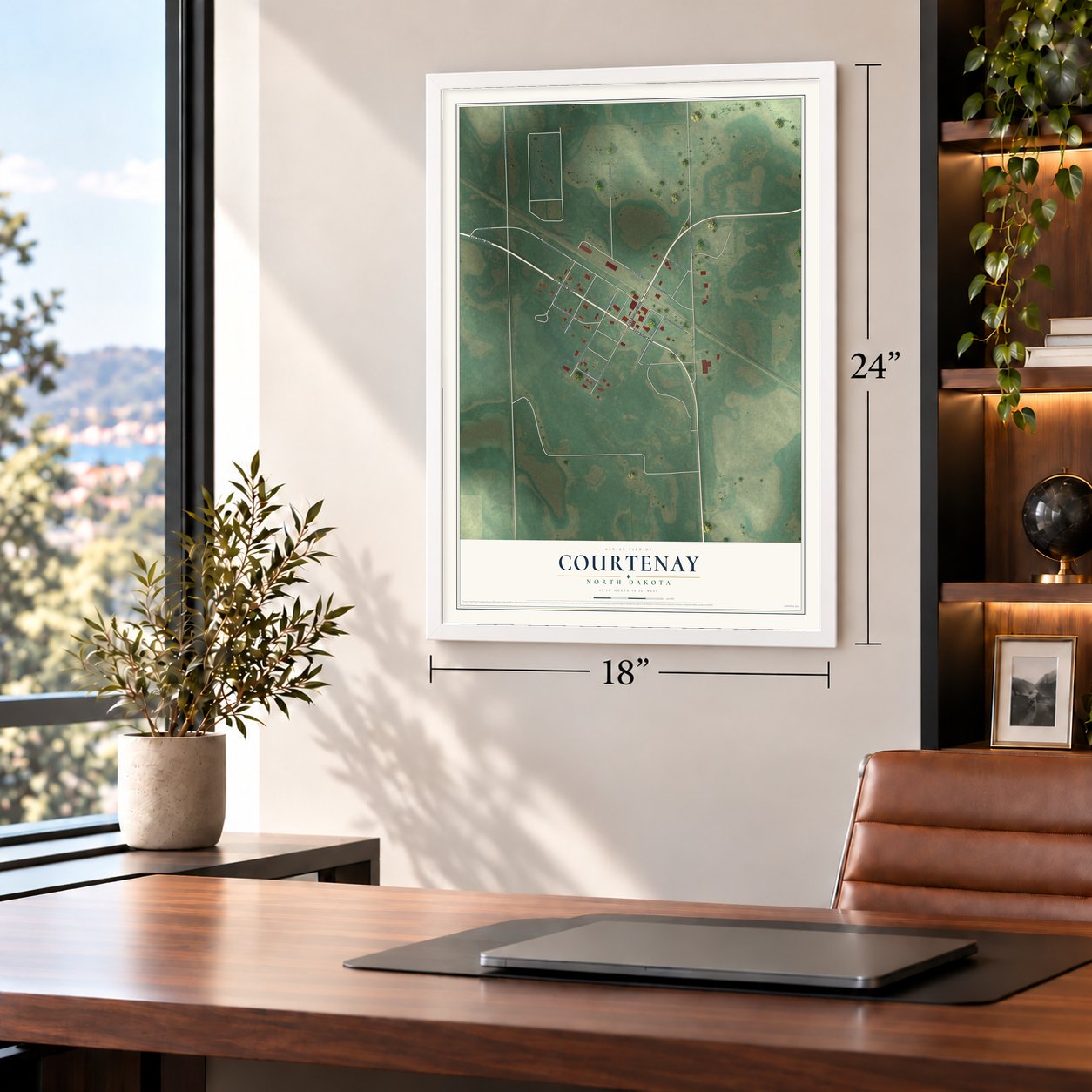 Courtenay, North Dakota map, 18 x 24 inch print in a white frame in a home office