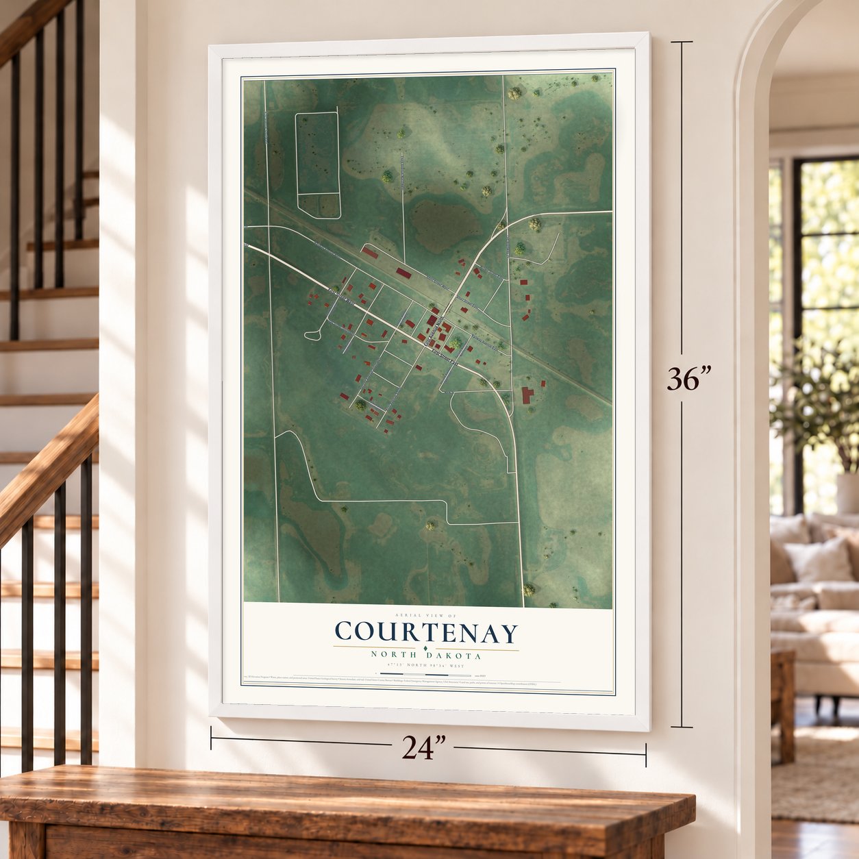 Courtenay, North Dakota map, 24 x 36 inch print in a white frame by a staircase