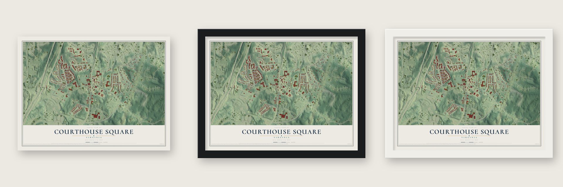 Courthouse Square, Virginia map unframed, in a black wood frame and in a white wood frame