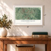 Courthouse Square, Virginia map, 12 x 18 inch print in a white frame in an entryway