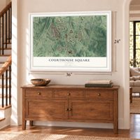 Courthouse Square, Virginia map, 24 x 36 inch print in a white frame above a dresser by a staircase