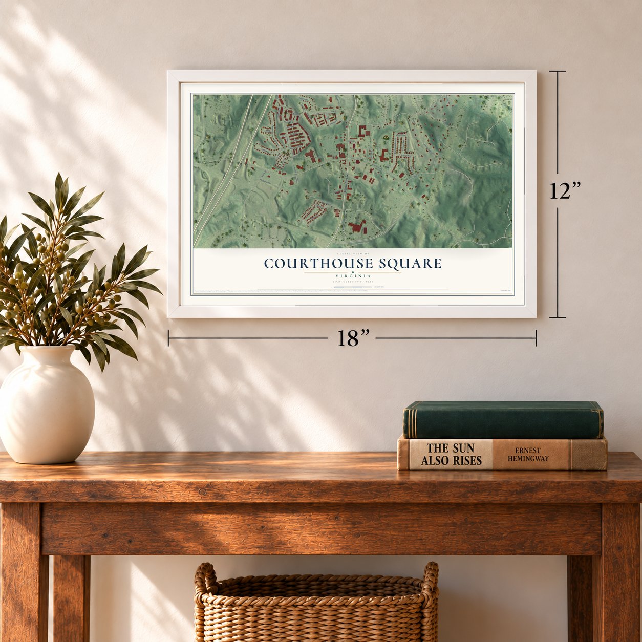 Courthouse Square, Virginia map, 12 x 18 inch print in a white frame in an entryway