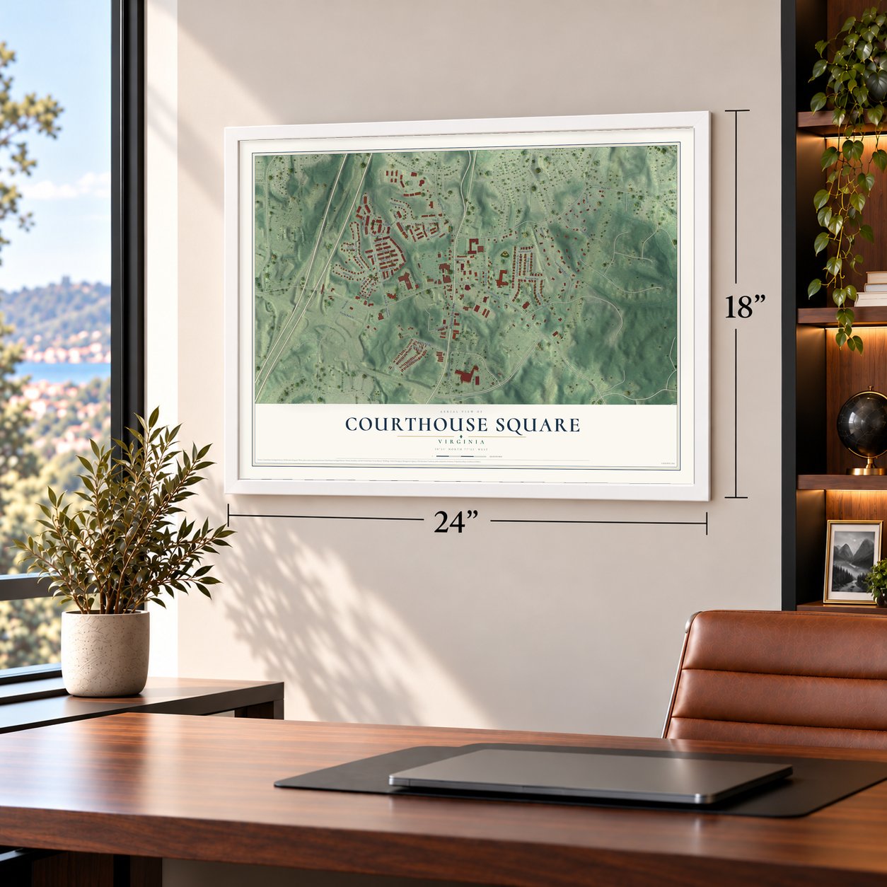 Courthouse Square, Virginia map, 18 x 24 inch print in a white frame in a home office