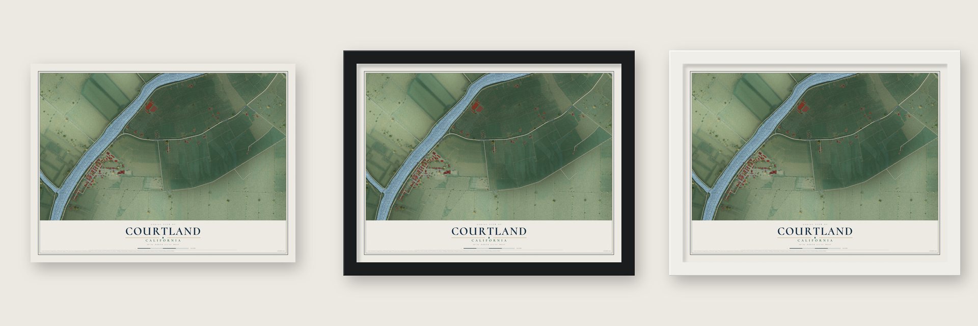 Courtland, California map unframed, in a black wood frame and in a white wood frame