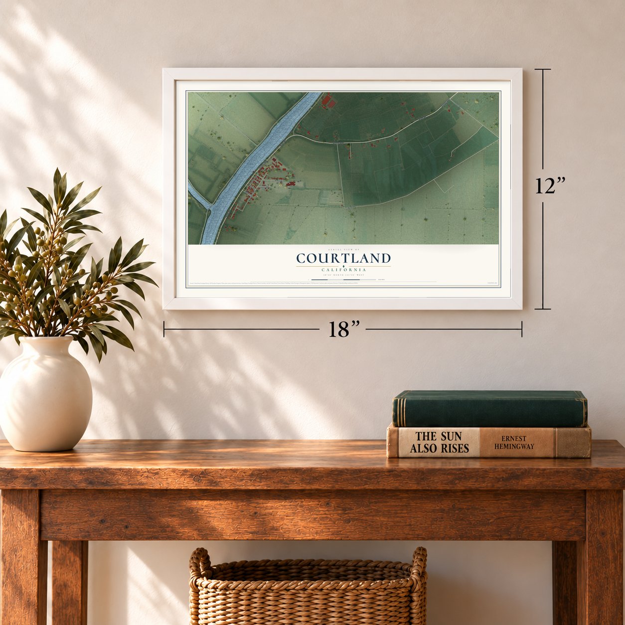 Courtland, California map, 12 x 18 inch print in a white frame in an entryway