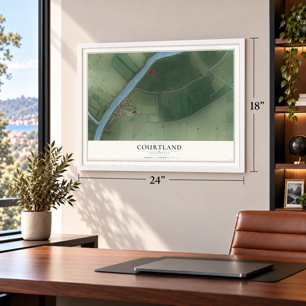 Courtland, California map, 18 x 24 inch print in a white frame in a home office