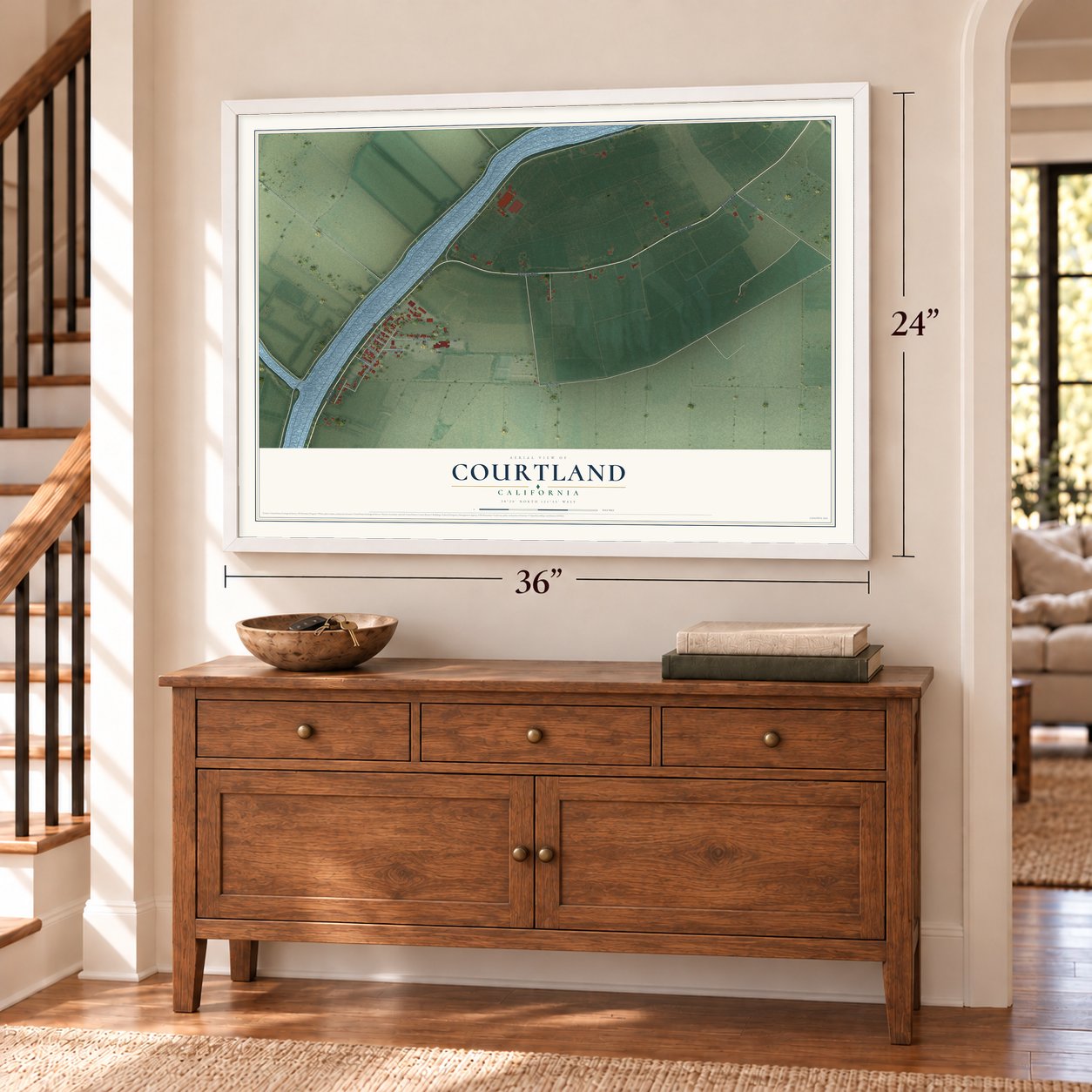 Courtland, California map, 24 x 36 inch print in a white frame above a dresser by a staircase