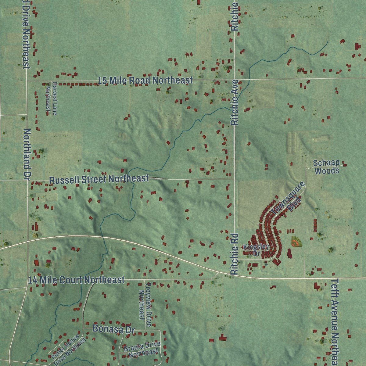 Second close-up of the map of Courtland, Michigan print showing more streets and buildings