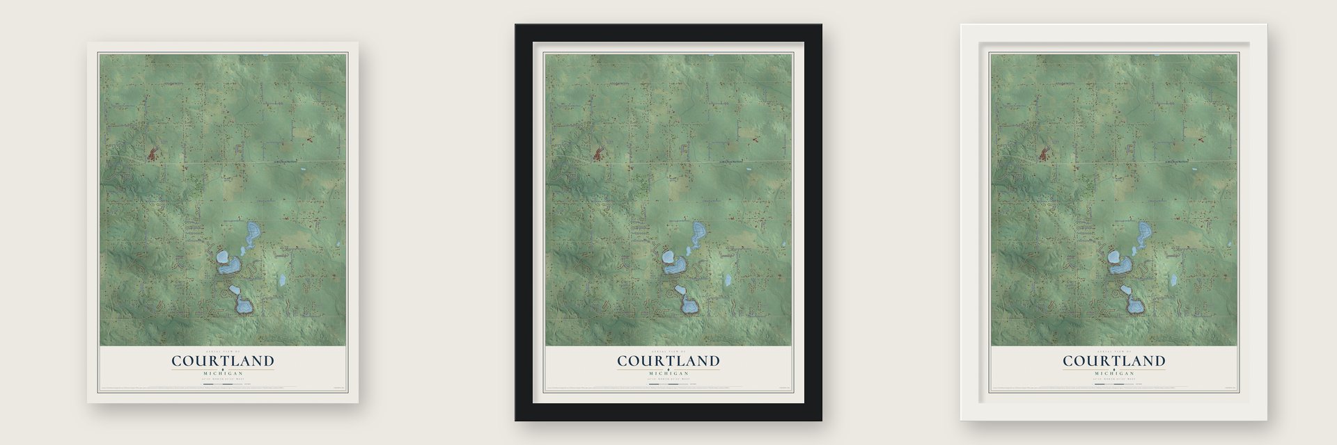 Courtland, Michigan map unframed, in a black wood frame and in a white wood frame