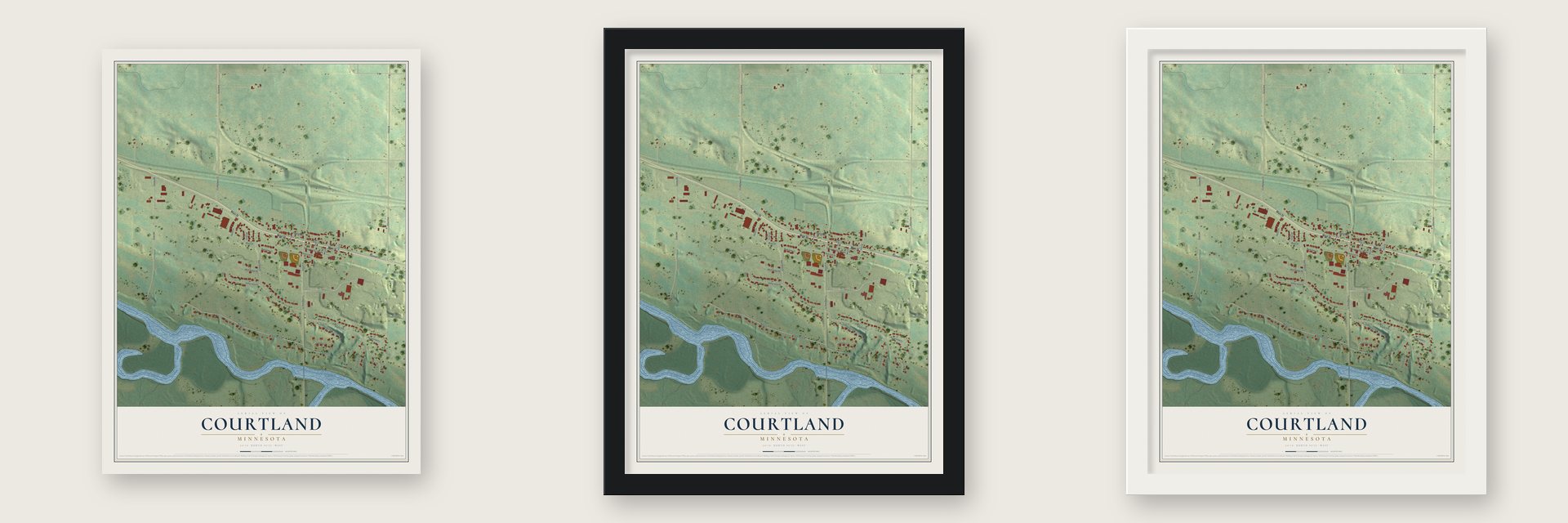 Courtland, Minnesota map unframed, in a black wood frame and in a white wood frame