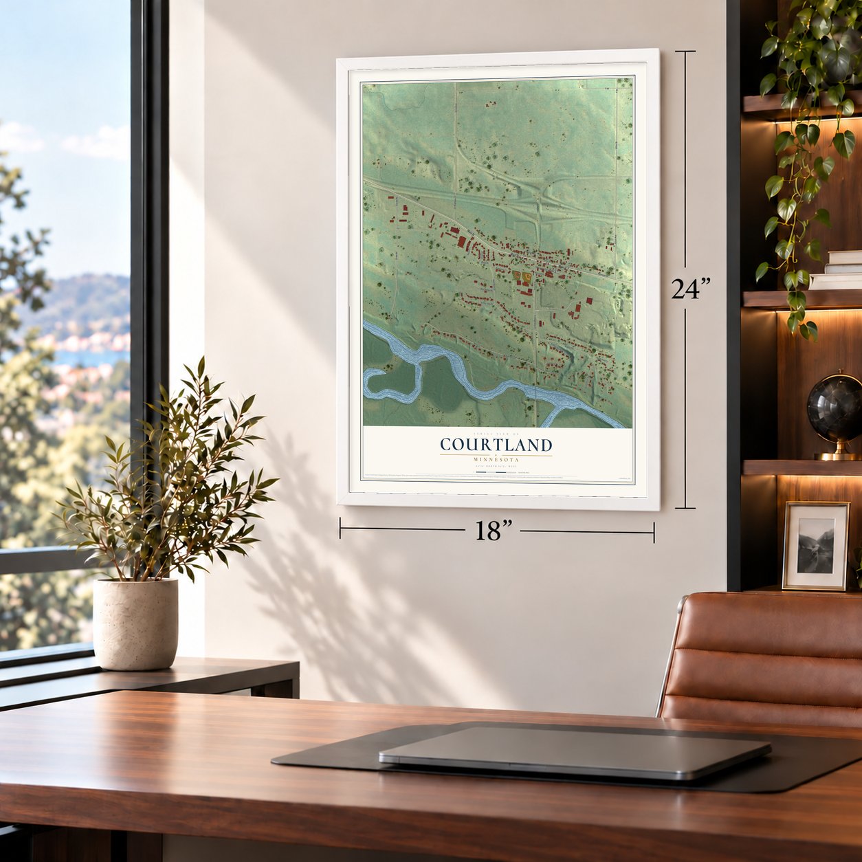 Courtland, Minnesota map, 18 x 24 inch print in a white frame in a home office