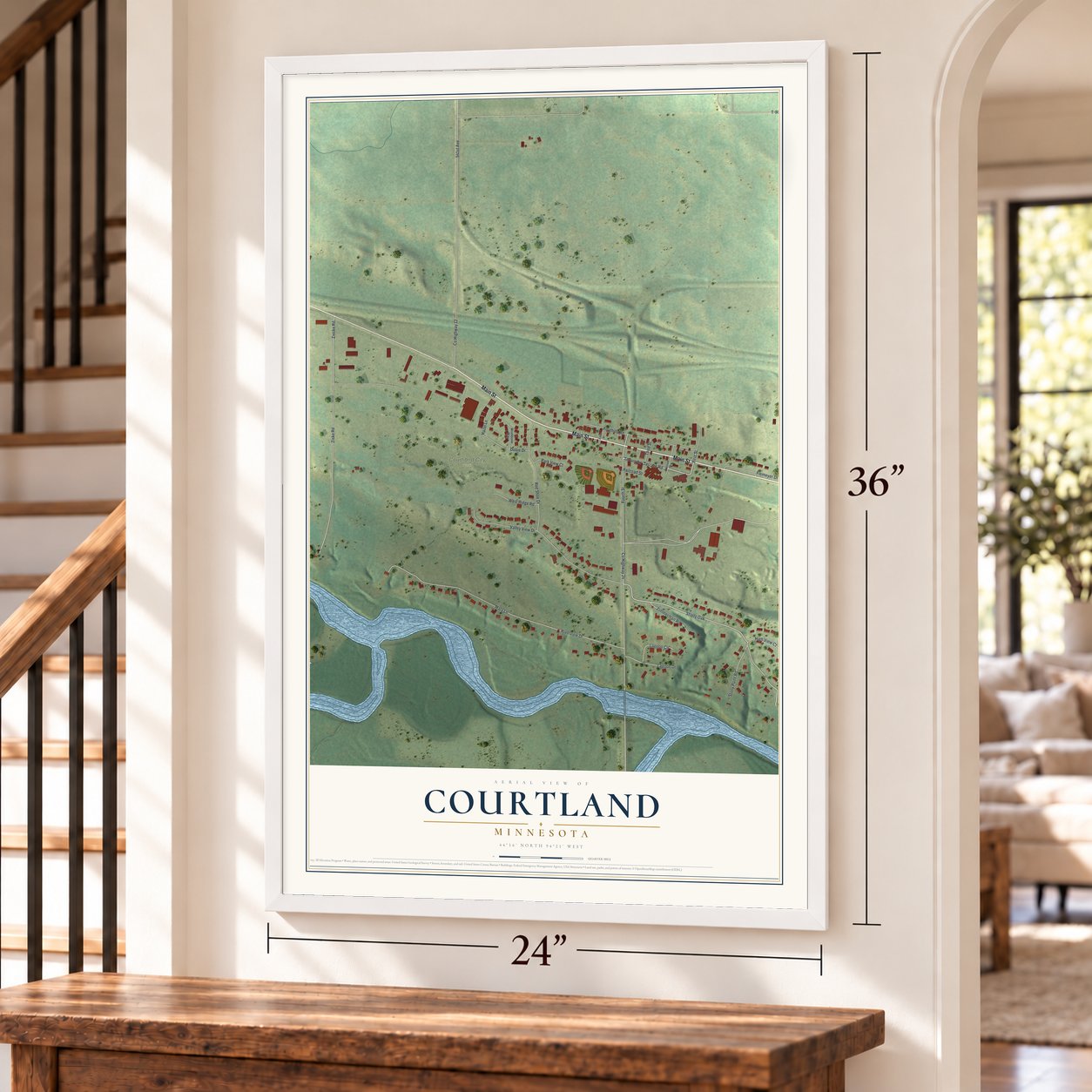Courtland, Minnesota map, 24 x 36 inch print in a white frame by a staircase