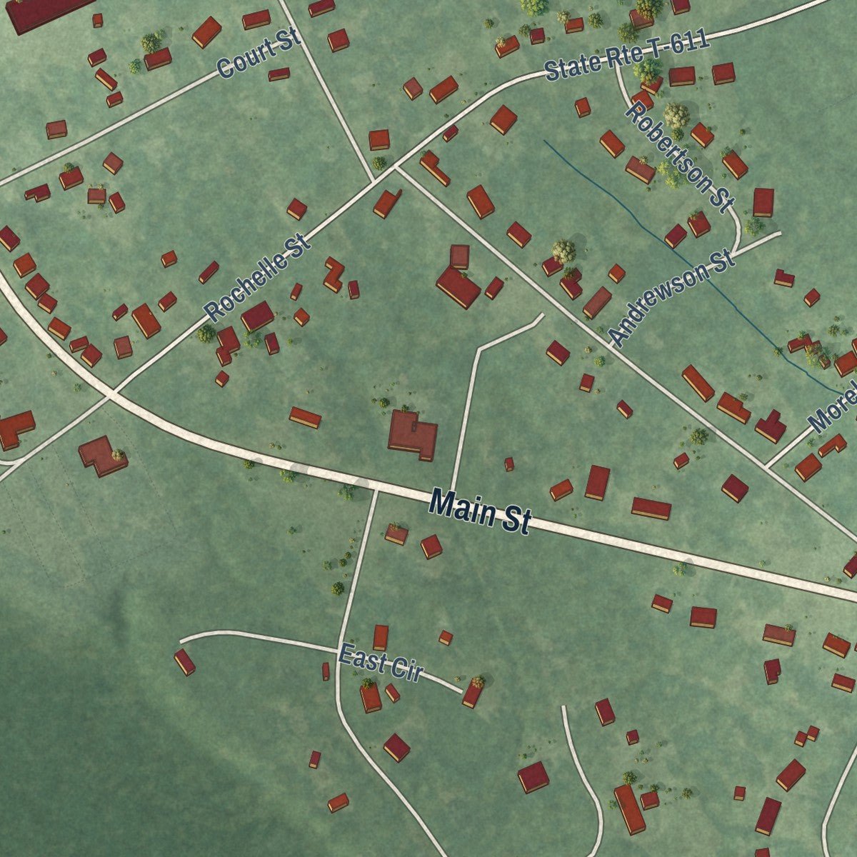Second close-up of the map of Courtland, Virginia print showing more streets and buildings