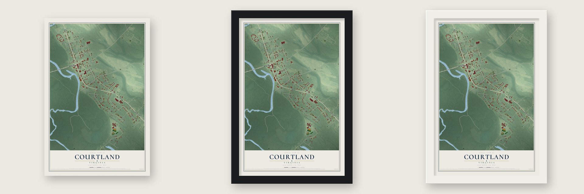 Courtland, Virginia map unframed, in a black wood frame and in a white wood frame