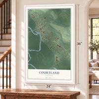 Courtland, Virginia map, 24 x 36 inch print in a white frame by a staircase