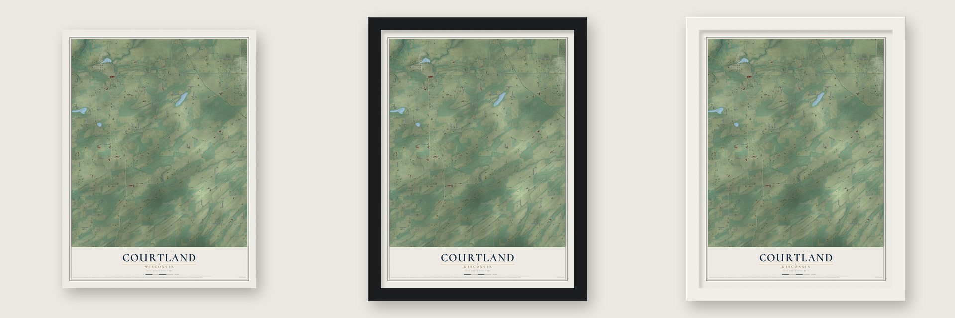 Courtland, Wisconsin map unframed, in a black wood frame and in a white wood frame
