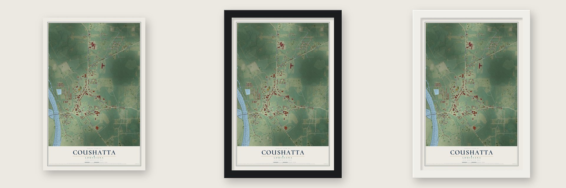 Coushatta, Louisiana map unframed, in a black wood frame and in a white wood frame