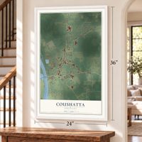 Coushatta, Louisiana map, 24 x 36 inch print in a white frame by a staircase