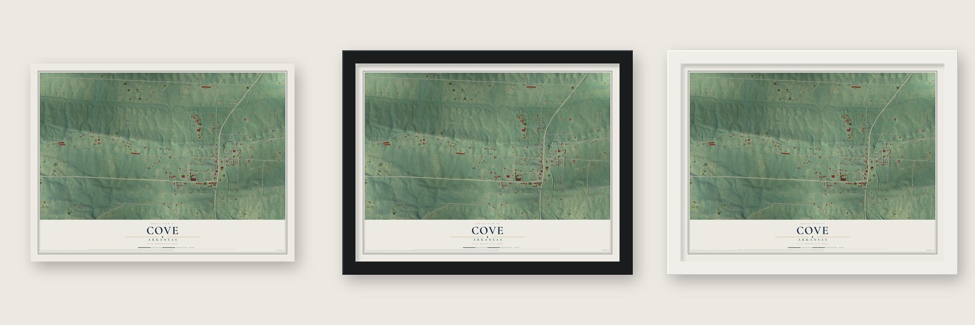 Cove, Arkansas map unframed, in a black wood frame and in a white wood frame