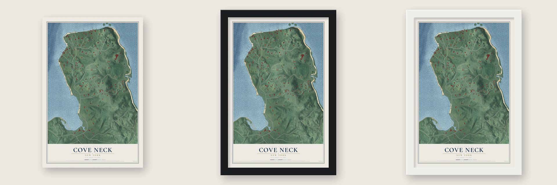 Cove Neck, New York map unframed, in a black wood frame and in a white wood frame