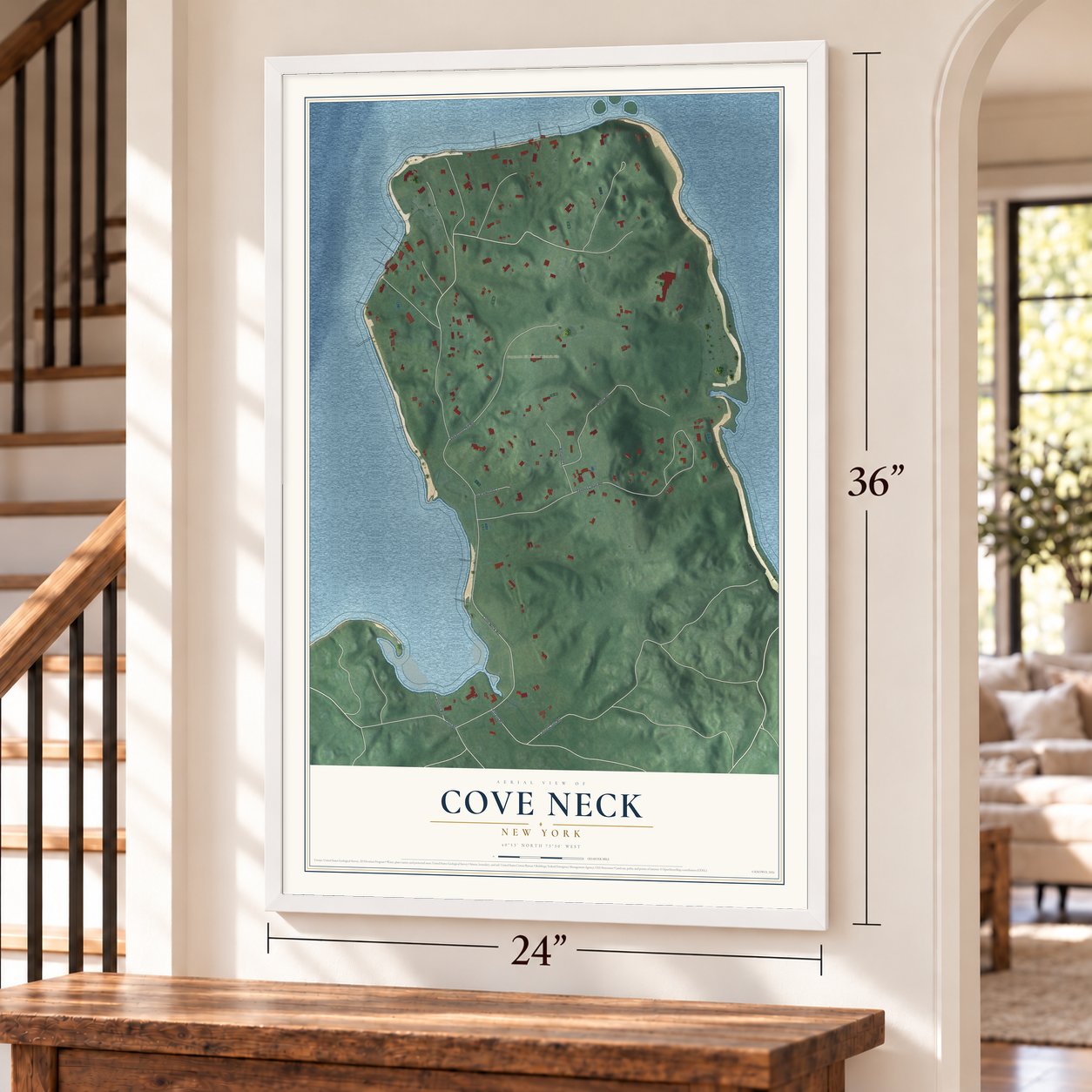 Cove Neck, New York map, 24 x 36 inch print in a white frame by a staircase