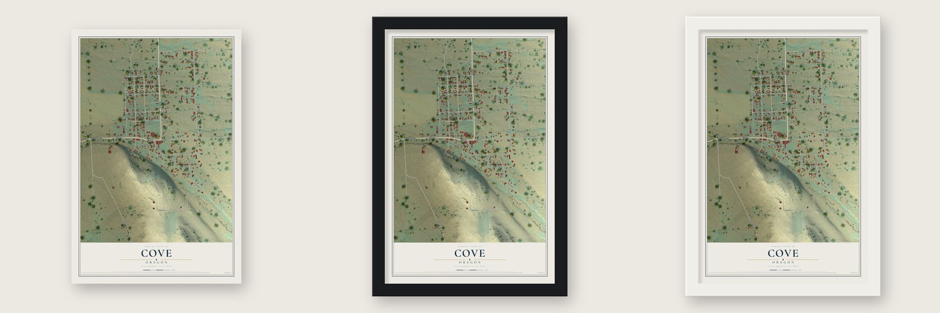Cove, Oregon map unframed, in a black wood frame and in a white wood frame