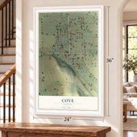 Cove, Oregon map, 24 x 36 inch print in a white frame by a staircase