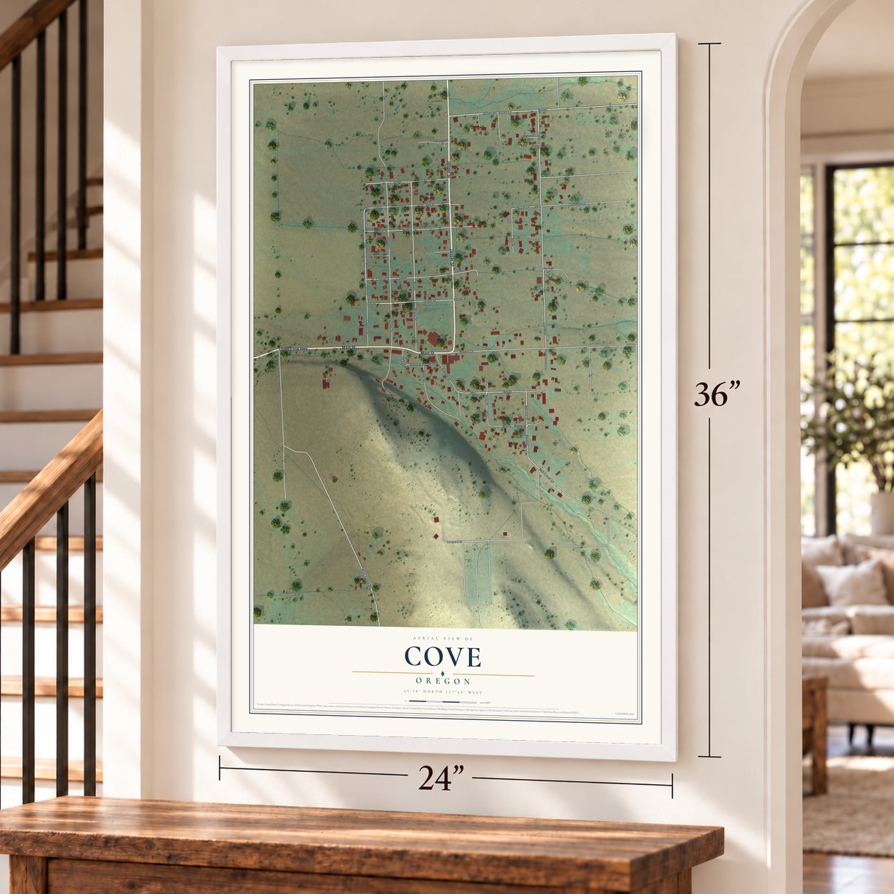 Cove, Oregon map, 24 x 36 inch print in a white frame by a staircase