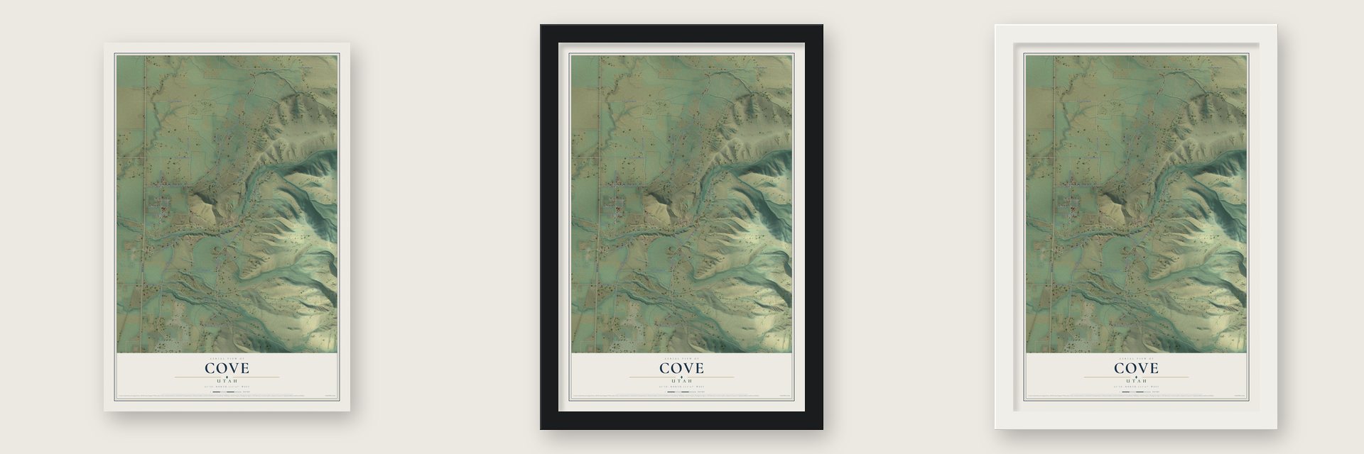 Cove, Utah map unframed, in a black wood frame and in a white wood frame