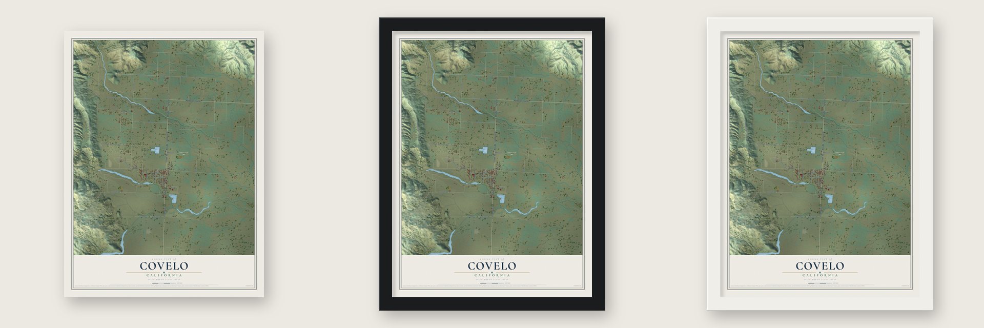 Covelo, California map unframed, in a black wood frame and in a white wood frame