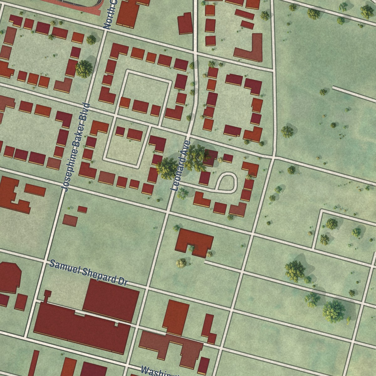 Second close-up of the map of Covenant Blu-Grand Center, Missouri print showing more streets and buildings
