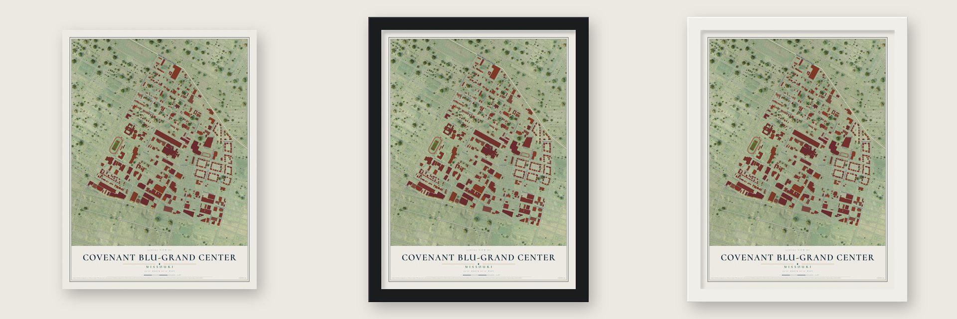 Covenant Blu-Grand Center, Missouri map unframed, in a black wood frame and in a white wood frame