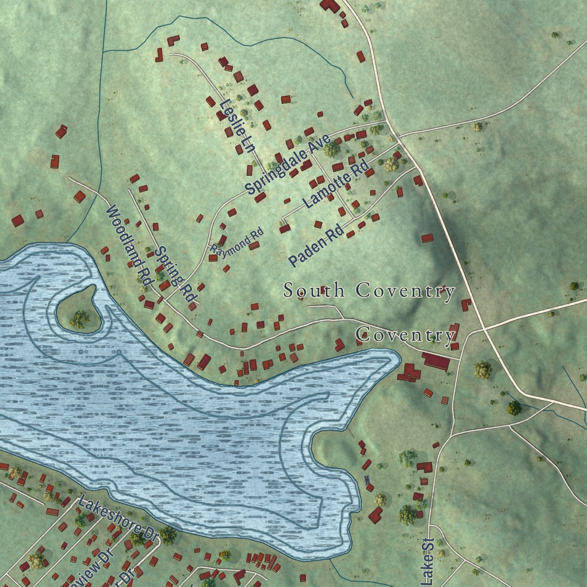 Second close-up of the map of Coventry Lake, Connecticut print showing more streets and buildings