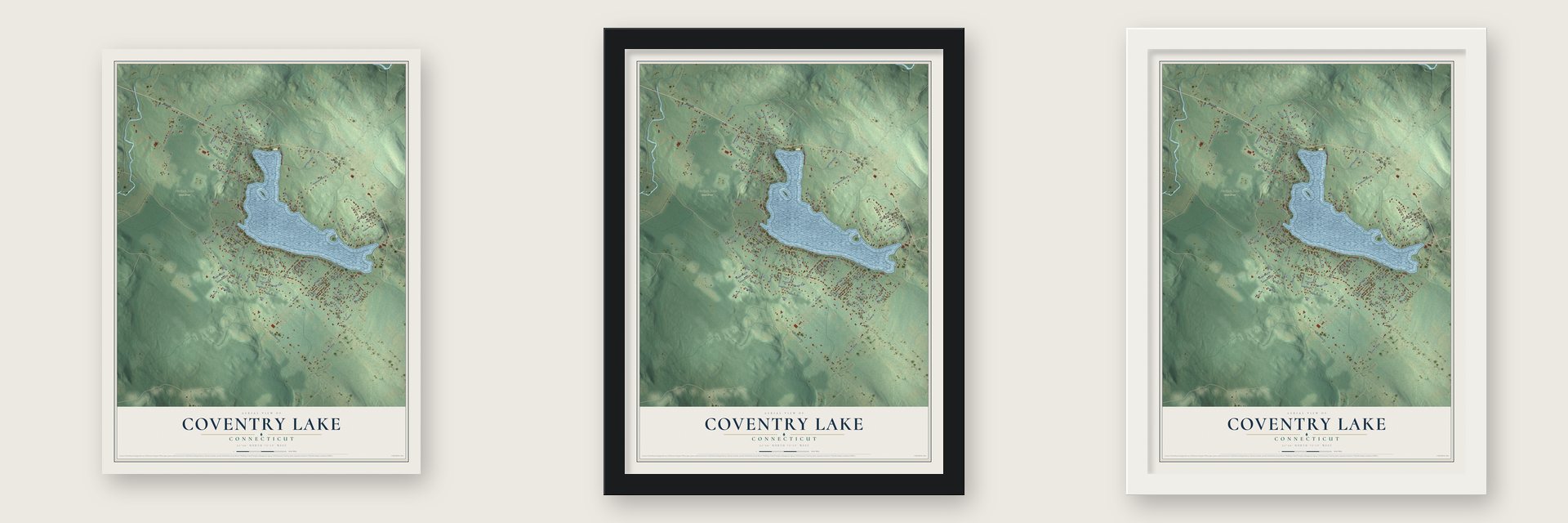 Coventry Lake, Connecticut map unframed, in a black wood frame and in a white wood frame
