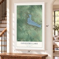 Coventry Lake, Connecticut map, 24 x 36 inch print in a white frame by a staircase