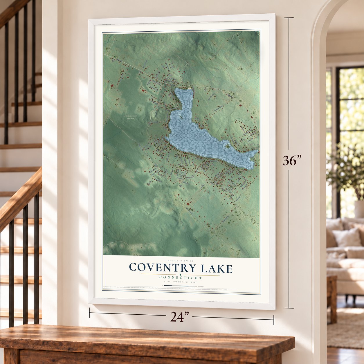 Coventry Lake, Connecticut map, 24 x 36 inch print in a white frame by a staircase
