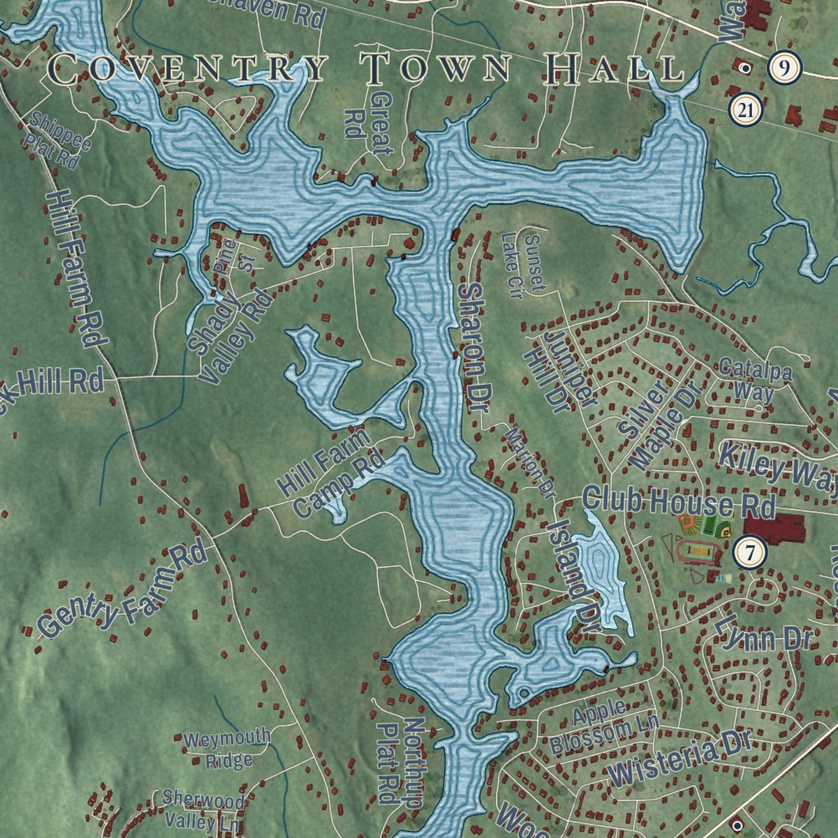 Second close-up of the map of Coventry, Rhode Island print showing more streets and buildings