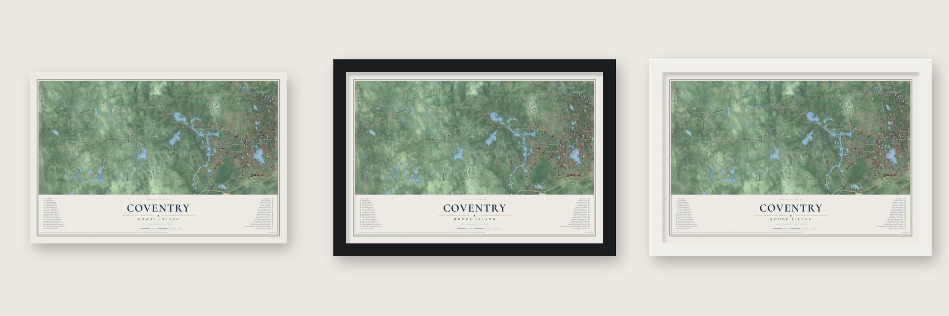 Coventry, Rhode Island map unframed, in a black wood frame and in a white wood frame