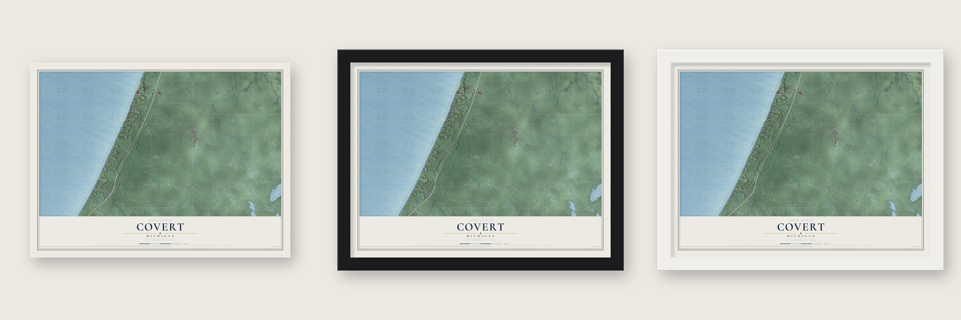 Covert, Michigan map unframed, in a black wood frame and in a white wood frame