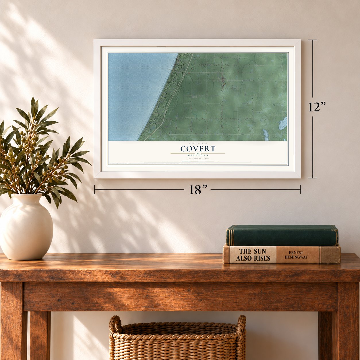 Covert, Michigan map, 12 x 18 inch print in a white frame in an entryway
