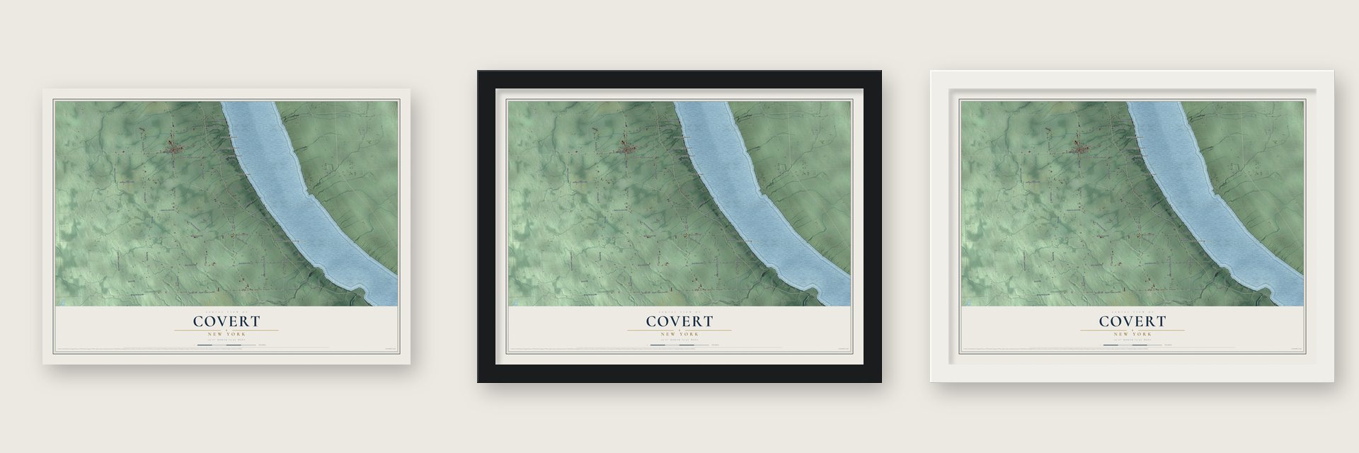 Covert, New York map unframed, in a black wood frame and in a white wood frame